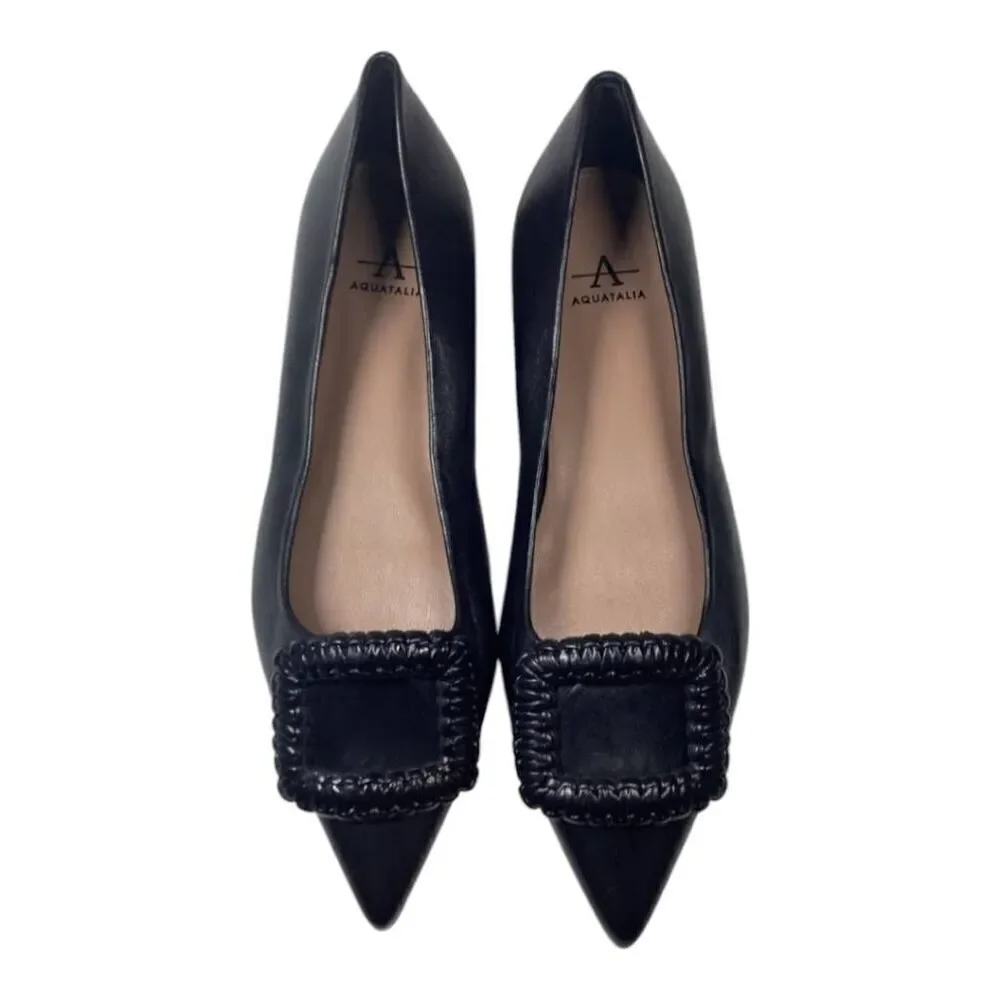 Aquatalia Adorned Black Woven Leather Square Toe Flats Size 7